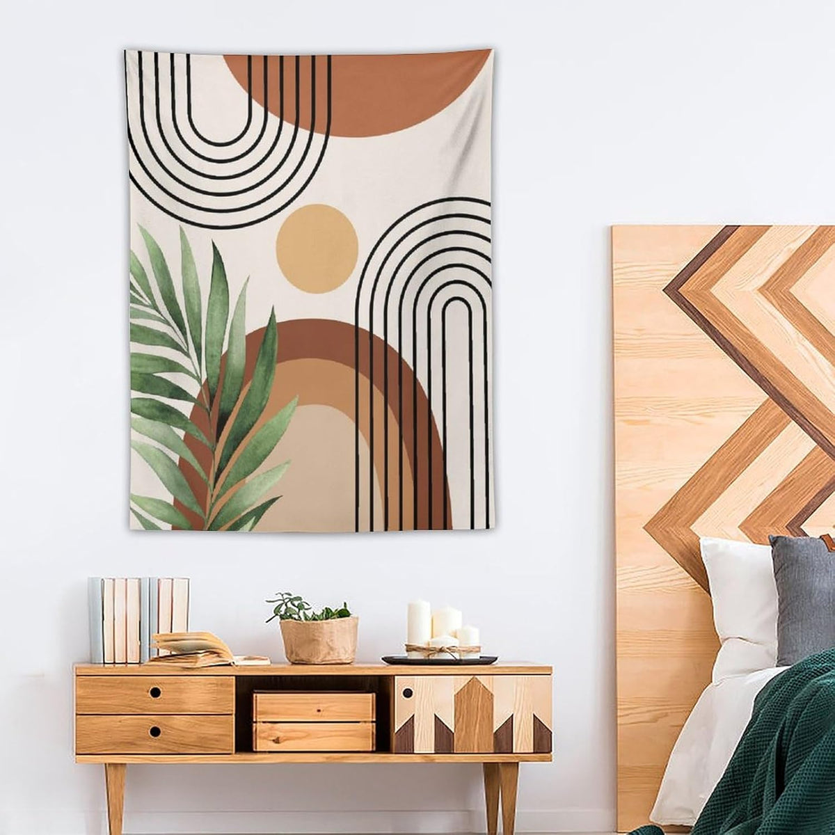 Abstract Bohemian Mid Century Tapestry, Tropical Leaves Modern Geometric Archway Minimalist Bohemian Botanical Aesthetic Wall Hanging, Sage Green Gold Home Decor Art for Bedroom 60x60 Inch