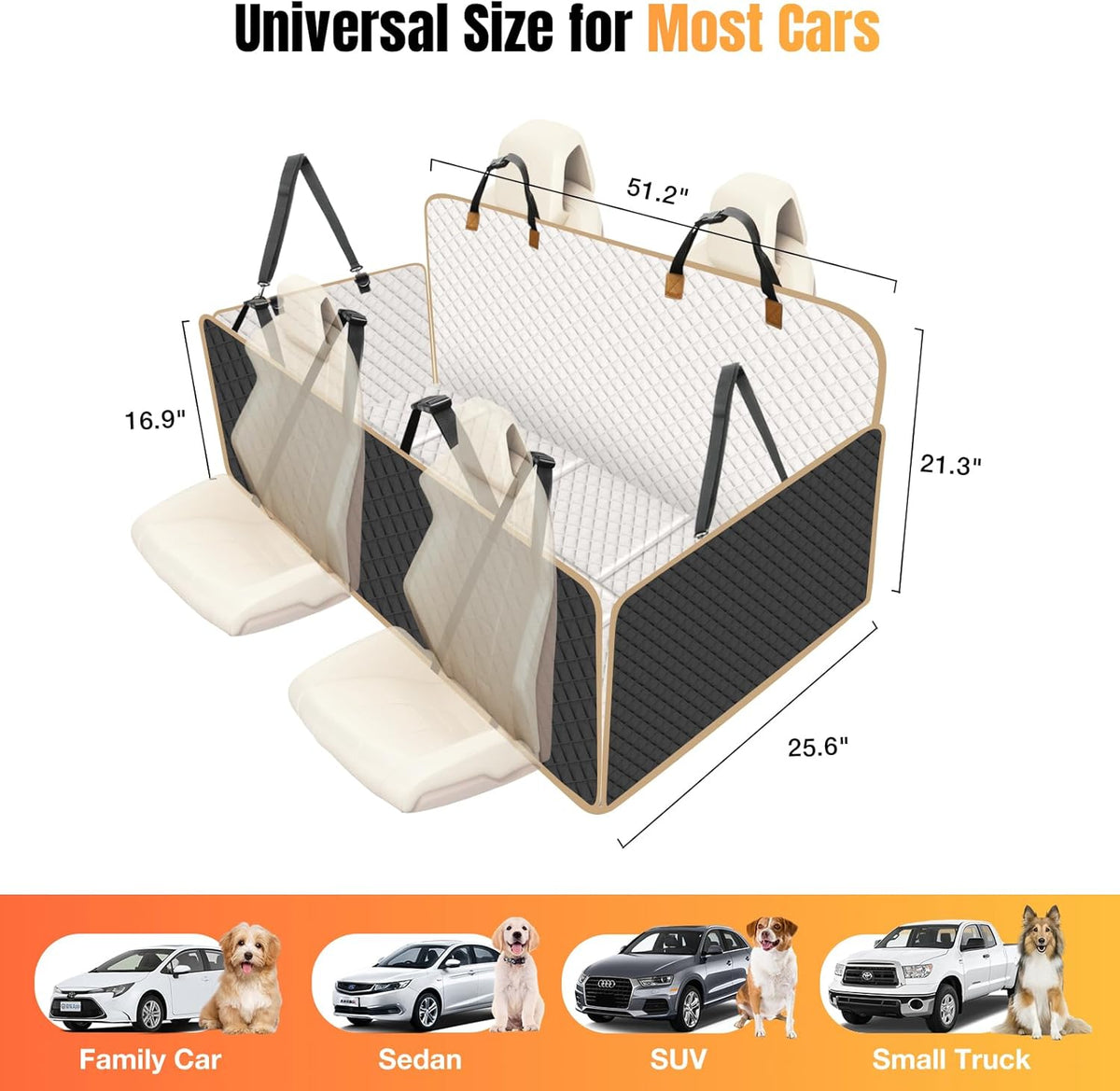Dog Car Seat Cover for Back Seat, Dog Car Bed Cover with Strong Hard Bottom, Car Back Seat Extender Hammock for Car SUV Truck 4 Panels Beige Color