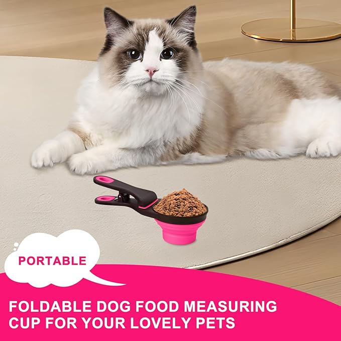 Collapsible Silicone Dog Food Scoop Foldable Pet Food Measuring Cup with Bag Clip 3 in 1 Multi-Function Silicone Dog Food Scooper (Rose Red, Small)