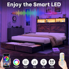 Farmhouse Queen Bed Frame with Bookcase Storage Headboard, Charging Station, LED Light and 2 Storage Drawers, Noise Free, No Box Spring Needed, Brown