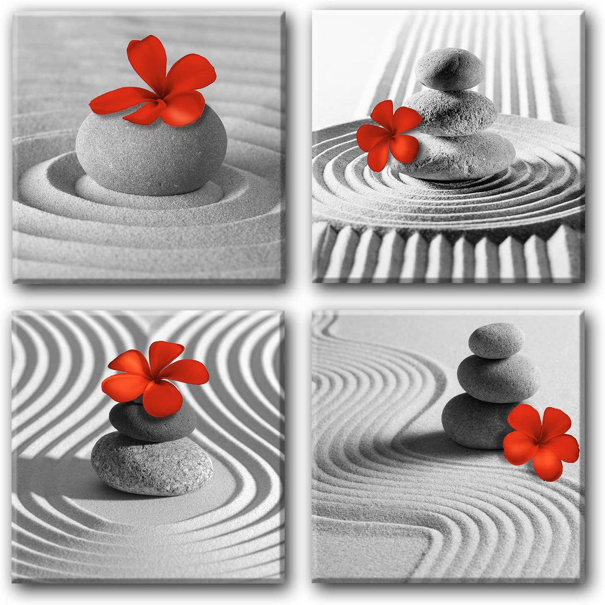 Yxbhhym Bathroom Decor Zen Decor Gray Wall Art Red Floral Wall Pictures Black and White Wall Art Flower Zen Stone Sand Pebble Canvas Print Artwork for Bedroom Living Room Home Wall Decoration