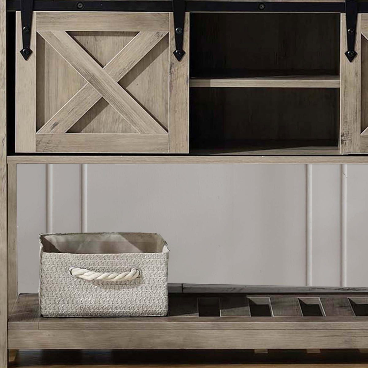 Entryway Table with Storage, Farmhouse Buffet Cabinet Coffee Bar Kitchen Island with Sliding Barn Doors & Shelves, Console Table for Kitchen, Dining Room, Living Room, Grey