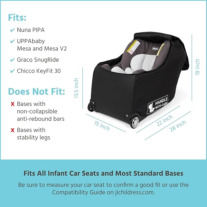 J.L. Childress Padded Infant Car Seat Bag with Wheels - Travel Bag for Airplane, Fits Most Baby & Infant Car Seats, Compatible with UPPAbaby, Nuna, & Chicco, AirTag Compatible - Premier, Black