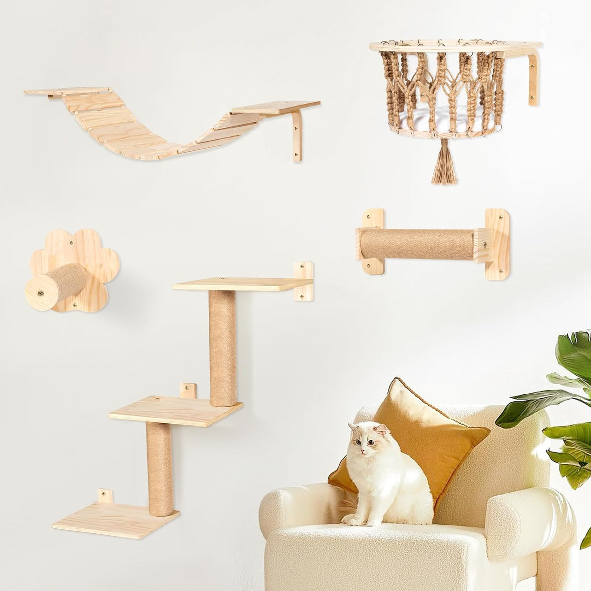 Cat Wall Shelves and Perches, Wall Mounted Cat Furniture with Hammock, Bridge, Tree, Steps and Scratching Posts, Wooden Climbing System for Indoor Large Cats and Kittens