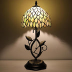 Small Tiffany Lamp Brown Green Leafage Style Stained Glass Table Lamps Desk Bedside Reading Light 8X8X18 Inches with Bronze Metal Leaf Resin Base
