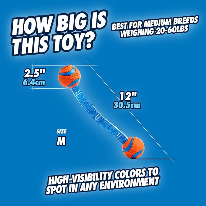 Chuckit! Ultra Duo Tug Dog Toy - Two Ultra Balls on a Durable Nylon Cord Handle - Fetch and Tug-of-War Toy for Dogs - Size Medium - For Breeds 20-60 lbs - 2.5-inch Diameter - Orange and Blue