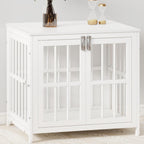 26 Inch Heavy Duty Wooden Dog Kennel End Table with Double Door Design and Secure Locks, Indoor Pet Crate Furniture for Small Dogs, Decorative Home Cage Design,White