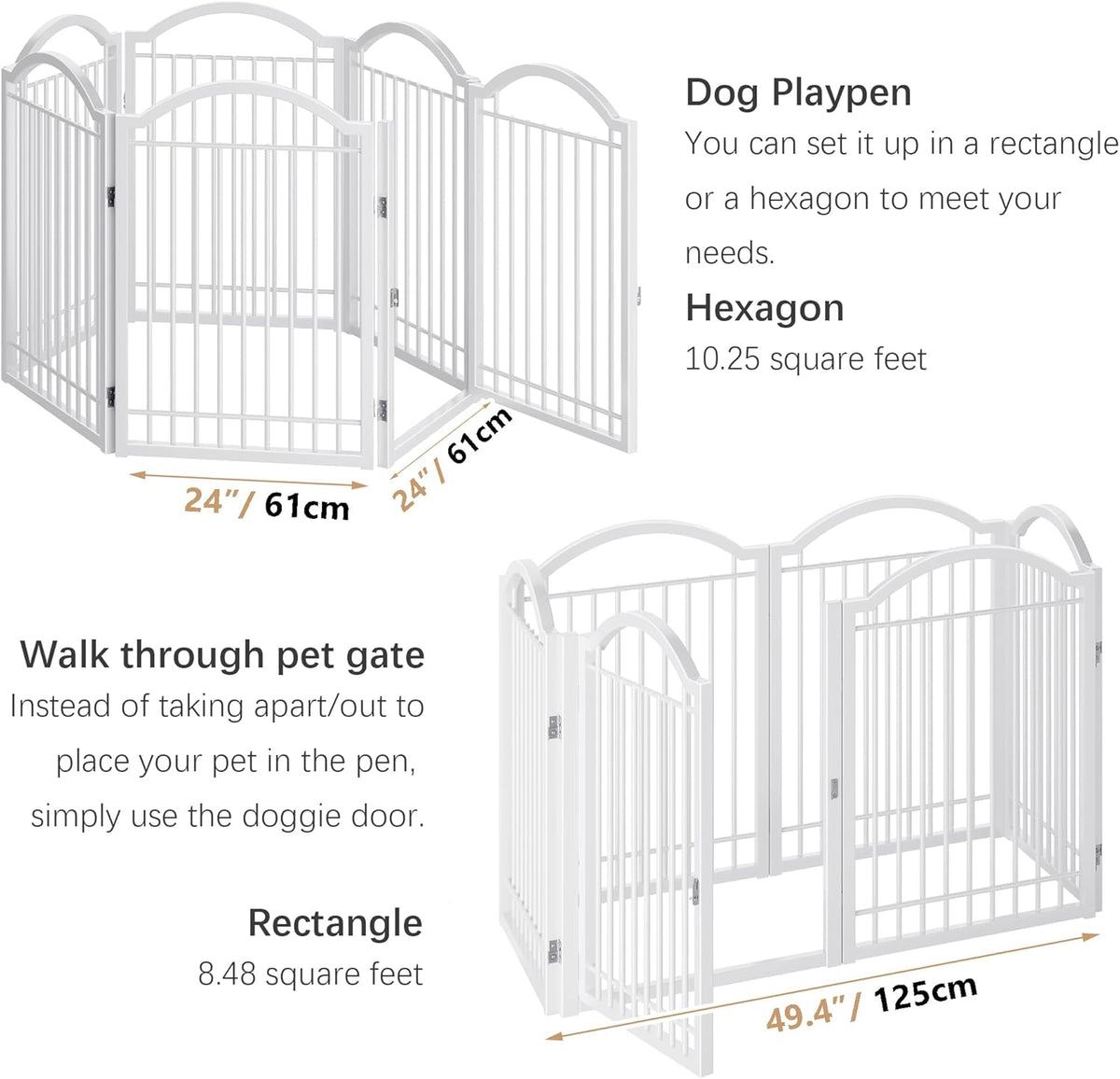 BHG Metal No-Assembly Freestanding Dog Gate with Door Walk Through, Extra Wide 144", Extra Tall 32" Pet Gate, Accordion Puppy Folding Playpen Dog Fence, with 2PCS Support (White, 6 panesl)