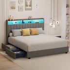 King Size Bed Frame, Velvet Upholstered LED Platform Bed with Headboard Storage, Bed Frame King Built-in Charging Station with 4 Drawers, Wood Slat Support, No Box Spring Needed, Grey