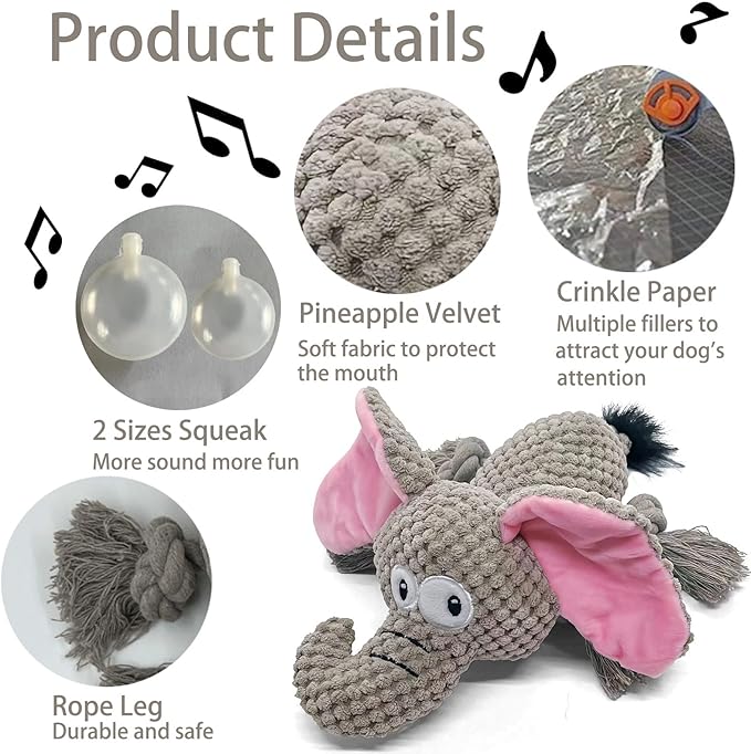 AIMETING Dog Toys, Durable Dog Chew Toys, Dog Squeak Toy with Fun Crinkle Paper, Plush Toys Suitable for Small, Medium, Large Dogs (Elephant)