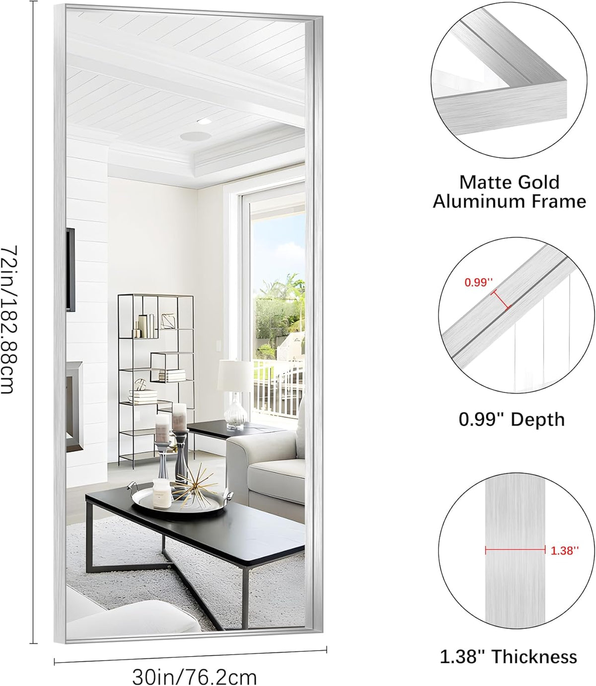 Silver Bathroom Mirror, 72x30 Inch Rectangular Deep Frame Mirror, Large Wall Mounted Bathroom Vanity Mirror Over Sink for Bedroom,Restroom, Living Room, Hangs Vertically or Horizontally