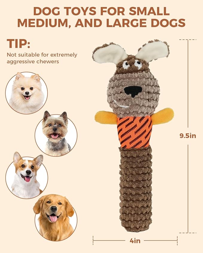 Squeaky Dog Toys for Small Dogs, Interactive Dog Plush Toy for Aggressive Chewers, Tough Chew Gifts for Puppy Teething to Keep Them Busy and Relieve Boredom (Brown Dog)
