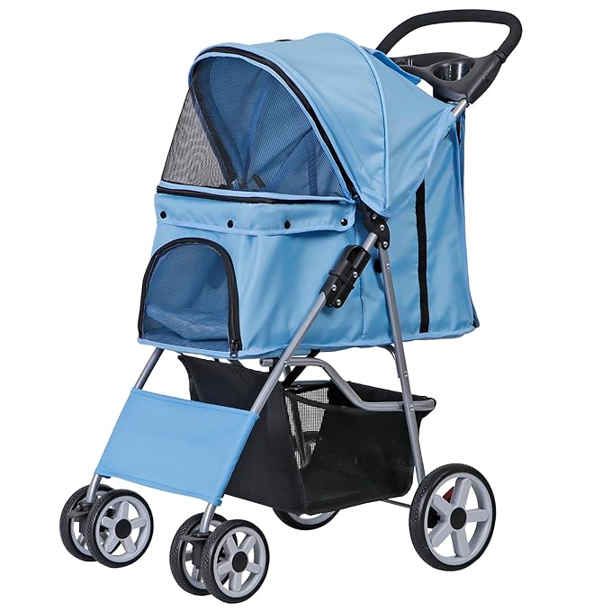 4 Wheels Dog Stroller Folding Pet Strolling Cart for Small Medium Cats Puppies Portable Jogger Travel Camping Puppy Carrier with Storage Basket Cup Holder, Blue