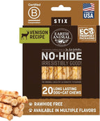 Earth Animal No Hide Stix - Long Lasting Rawhide Free Small Dog Chews Sticks, Venison - 20 Count Value Pack