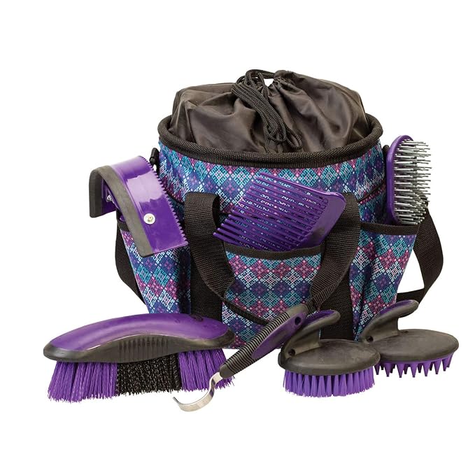 Weaver Equine Horse Grooming Kit, 7-Piece Horse Brush Set with Organizer Tote Bag, Hoof Pick, Comb, Sweat Scraper, Equine Tools for Daily Grooming, Purple Geo
