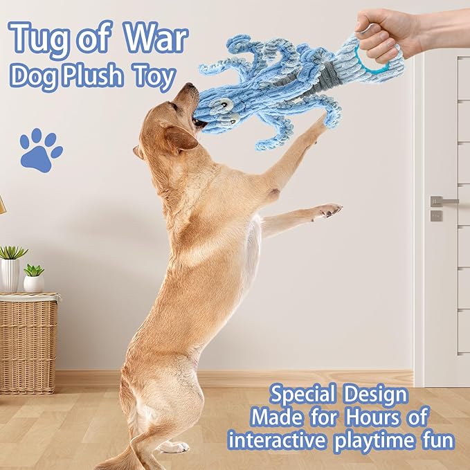 Squeaky Dog Toys for Large Dogs, Octopus Dog Toy Interactive Tug of War Dog Plush Toy to Keep Them Busy, Crinkle Dog Toy Plush Dog Toys (Blue)
