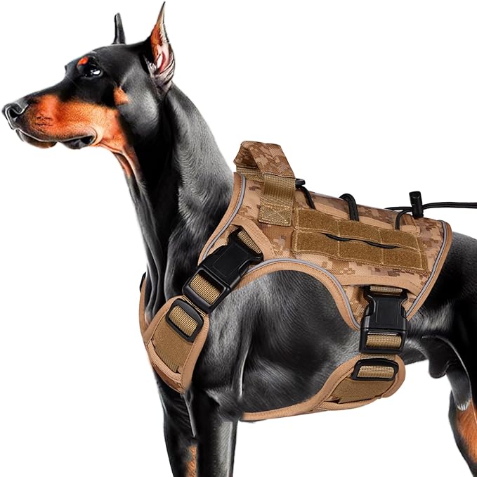 Heavy-Duty Tactical Dog Harness for Large Dogs, No Pull Adjustable Reflective Pet Vest with Molle System, K9 Military-Grade Control for Service Training, Outdoor & 10+ Breeds, Khaki Camo, Medium
