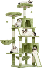Gitelsnour Cat Tree for Indoor Cats, 71'' (180cm) Multi-Level Cat Tower for Large Adult, Sturdy Cat Tree House with 2 Scratching Boards 7 Posts, 2 Plush Perches/Condos, Hammock, Green GCT032GR