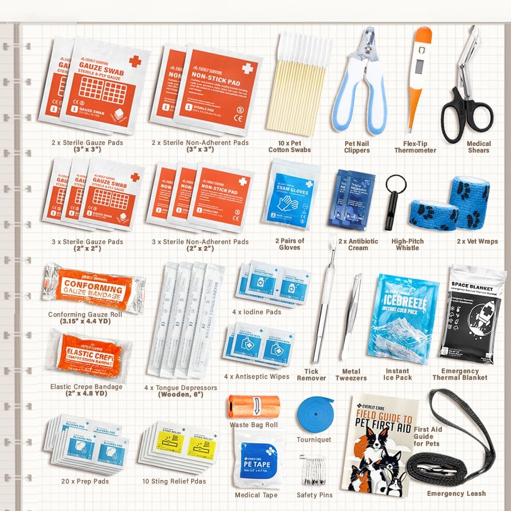 EVERLIT Pet Medic First Aid Kit | 95 Pcs Vet-Approved Medical, Outdoor & Emergency Supplies for Dogs, Cats, Animal Care | Travel-Friendly Compact Bag for Home, Car and Travel (Guardian Orange)
