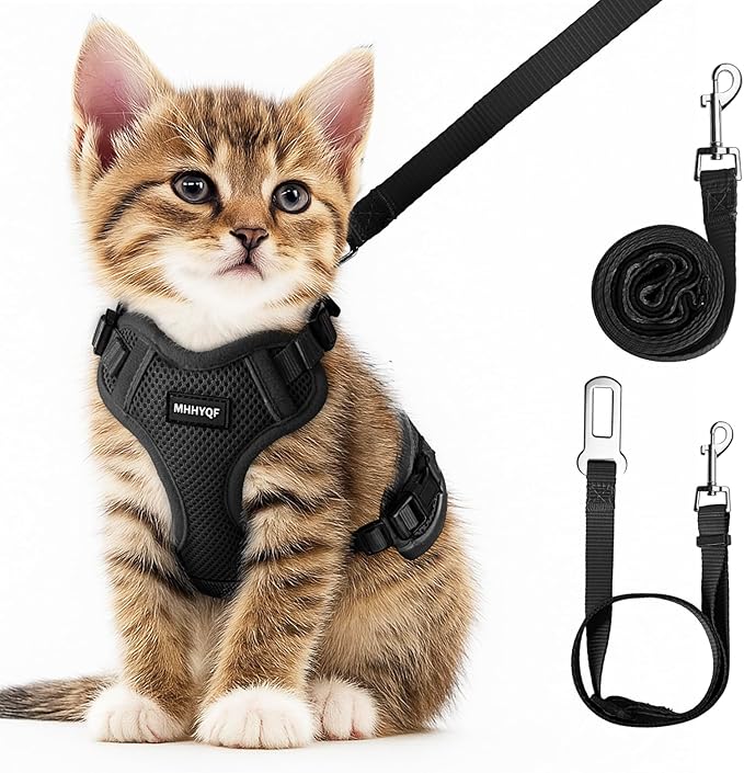 Cat Harness and Leash Set for Walking Escape Proof, Improved Four Place Adjustable Cat Car Harness, Soft Kittens Vest with Reflective Strip for Cats, Comfortable Outdoor Vest, Black, XS