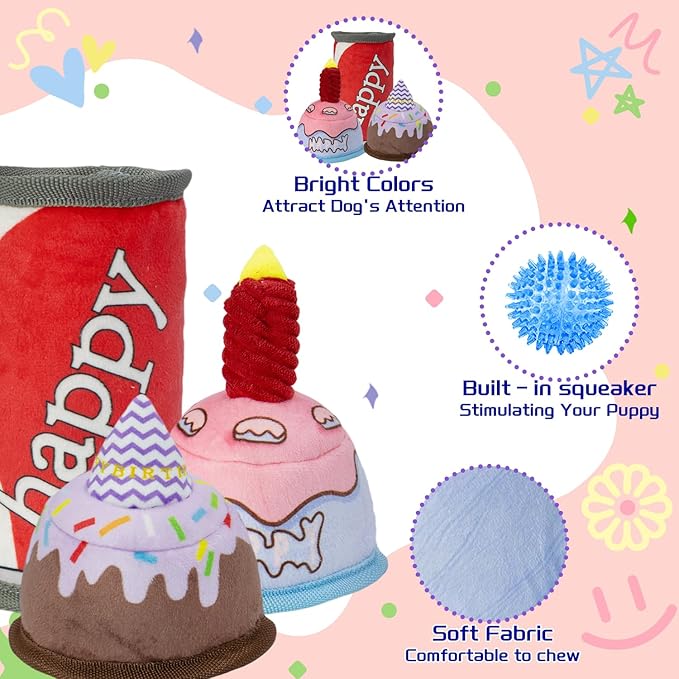 Dog Birthday Toy,No Stuffing Dog Toys for Puppy, Squeaky Plush Dog Toys for Large, Medium and Small Breeds, Balls Inside,Suitable Size Interactive Dog Toy for Indoor Outdoor Play