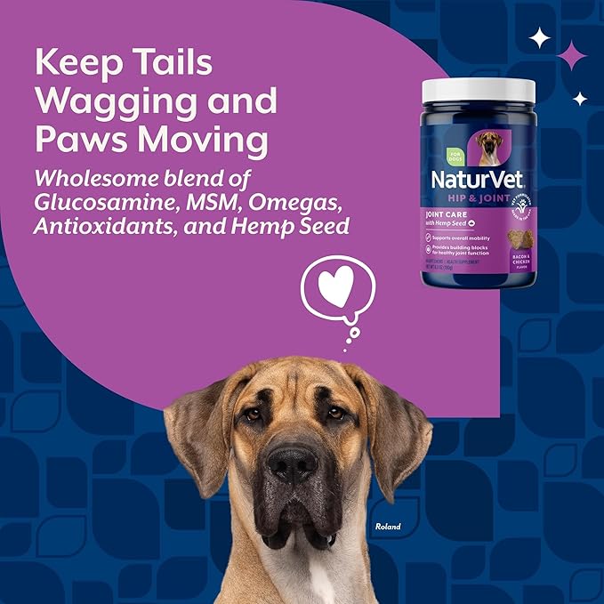 NaturVet Hemp Joint Health, Joint Care Support Supplement for Dogs, Soft Chews, 60ct Made in The USA