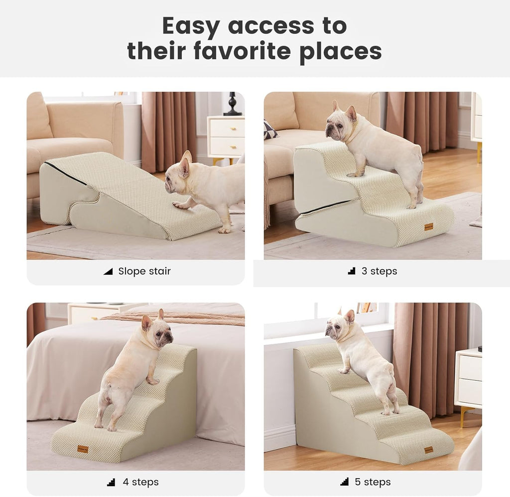 Gardner Pet Dog Stairs for Small Dogs 19.7" H, 4-Step Beige Curved Pet Stairs, Dog Steps for High Bed (18-24 in), Couch with Durable Non-Slip Waterproof Fabric Cover and CertiPUR-US Certified Foam