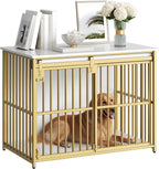 HOOBRO Dog Crate Furniture, 36.6" Heavy Duty Dog Kennel with Sliding Barn Door, Wooden Dog Cage Indoor, Decorative Side End Table for Small/Medium Dogs, White and Gold GD162GW03G1