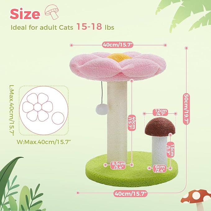 PETEPELA Cat Scratching Post, Mushroom Cat Scratcher Cute Cat Tree Tower with Thick Scratching Post & Removable Flower Cats Bed [Dia=15.7''], Tall Post for Kittens and Indoor, Pink