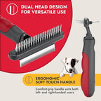 KONG Double-Sided Rake & Deshedding Tool – Detangling & Shedding Control, Rounded Metal Tips, Non-Slip Grip, for Medium to Large Dogs with Medium to Long Coats, Red/Gray