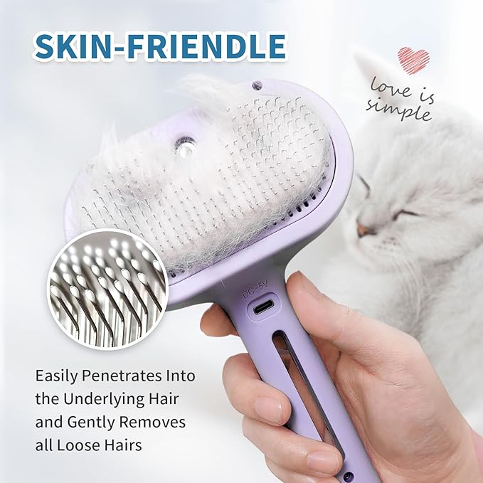 3 in 1 Steam Cat Brush for Shedding - Self-Cleaning Dog Grooming Tool for Long and Short Hair Pets - Removes Static, Flying Hair, and Loose Fur (Purple)
