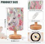 Bedside Lamp White Horse Pink Flower Table Lamp with USB Port Wood Base for Living, 5.12x9.7in/13x24.7cm, 214B3018