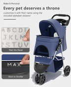Pet Stroller with 3 Wheels for Small/Medium Pets, Portable Travel Foldable Carrier Jogger for Dog Cat Puppy Kitty, Rear Wheel Breaks, Storage Basket, Visible Mesh Weather Cover (Navy Blue)