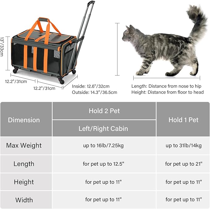 MILADA Large Cat Carrier for 2 Cats, Soft Big Pet Carrier with Wheels, Double Cat Carrier on Wheels, Rolling Pet Carrier for Travel Hiking Shopping and Camping（Not for Air Travel）, Orange