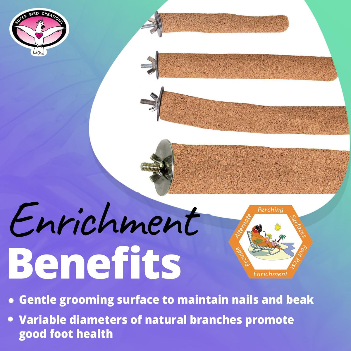 Super Bird Creations SB1152 Sure-Grip Grooming Perch for Small/Medium Birds - Enriches Beak and Foot Health - Ideal for Cockatiels, Parrots, Parakeets, Conures, Quakers - 3/4" Diam x 8" (Medium)