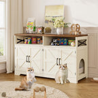 Cat Litter Box Enclosure for 2 Cats, 47" Hidden Litter Box Furniture Cat Washroom with Double Large Room, Farmhouse Indoor Litter Box Cabinet TV Stand, White