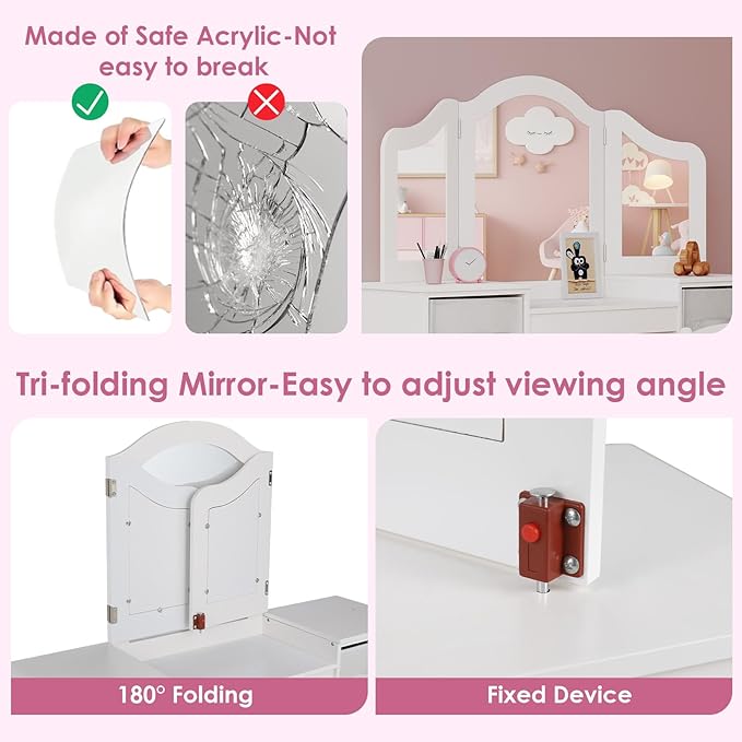 Arlopu Kids Vanity Set, 2 in 1 Toddler Makeup Dressing Table and Chair Set w/Detachable Tri-fold Mirror, Open Shelves, Princess Wooden Pretend Play Desk Furniture Toy for Little Girl (White)