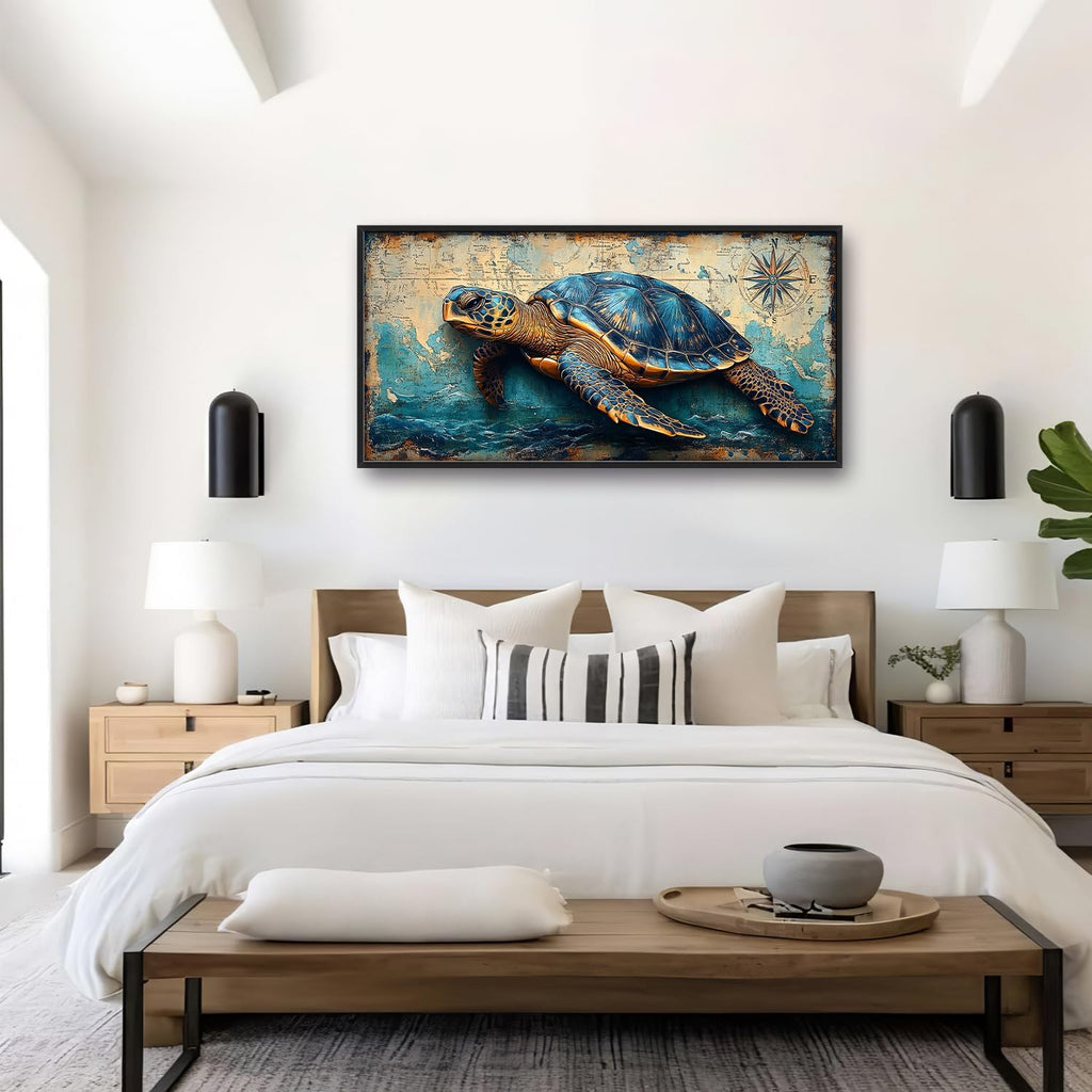 Large Nautical Turtle Wall Art for Living Room, Coastal Ocean Canvas Oversized Wall Decor, Beach Aesthetics Framed Pictures Painting Print Artwork for Bedroom Office 60L" x 30W"