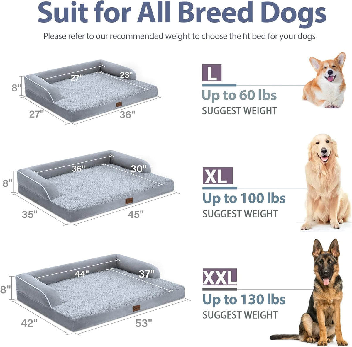 Orthopedic Dog Beds for Extra Large Dogs, Waterproof Dog Beds XLarge, Memory Foam Dogs Couch Beds, Comfy Bolster Pet Beds with Removable Washable Cover, Nonskid Bottom (X-Large, Grey)