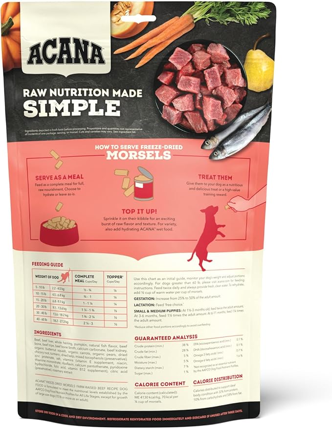 ACANA Grain-Free High Protein Freeze Dried Dog Food & Topper Ranch-Raised Beef Recipe Morsels 8oz Bag