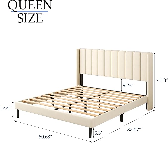 Queen Size Bed Frame with Upholstered Wingback Headboard, Easy Assemnly Platform Bed, Wooden Slat Support No Box Spring Needed, Cream