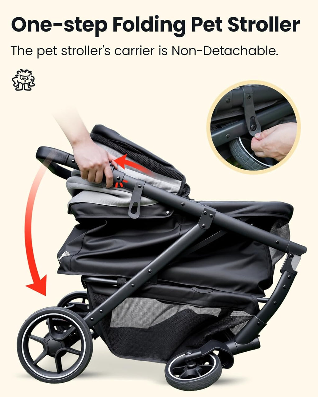 Medium Dog Stroller, Foldable Pet Stroller with Adjustable Handle & No Zip Entry, Storage Basket & Cup Holder, Canopy, Mesh Windows, Ideal for Medium Dogs and Cats Up to 50lbs, Black