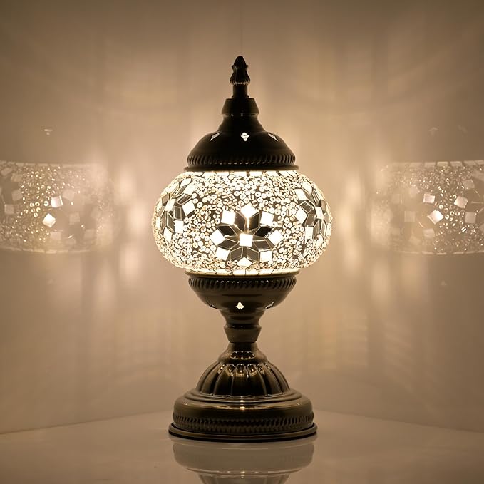Turkish Moroccan Table Lamp Lantern with Handmade Mosaic Glass Lampshade Tiffany Style Bohemian Stained Glass Decorative Desk Lamps Bedside Night Lights for Bedroom (White Fancy)