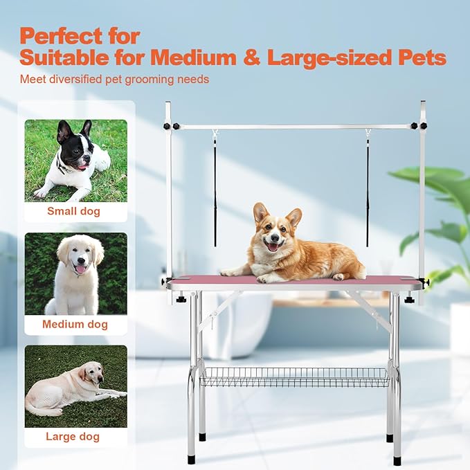 46'' Dog Grooming Table for Large Dogs, Foldable Professional Grooming Table for Dogs at Home with Double Loops/Mesh Tray/Adjustable Arm, Capacity up to 330lbs, Pink