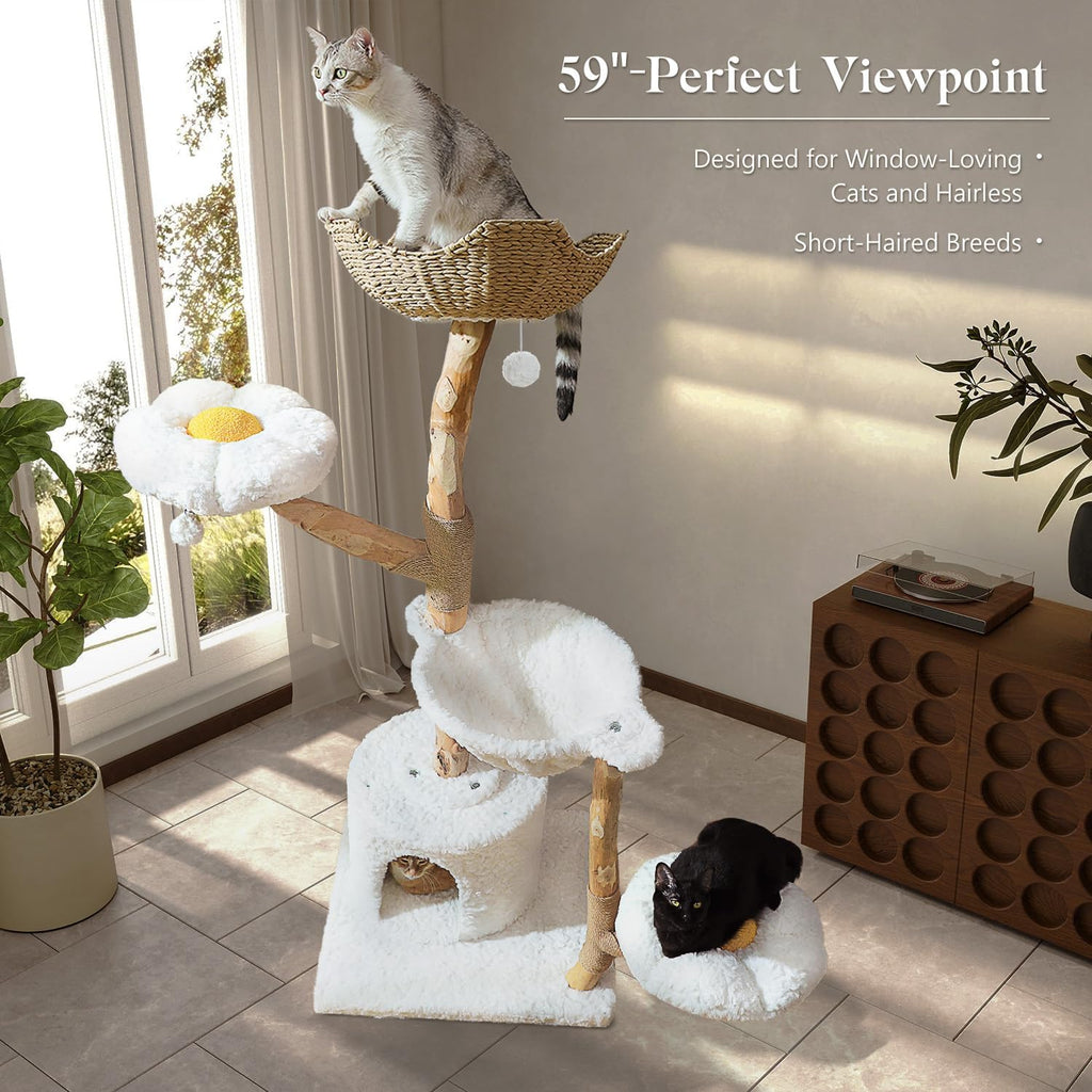 59" Modern Cat Tree Tower for Large Cats w/2 Flower Perches-Natural Solid Wood Scratching Post with Real Branch-Luxury Boho Cat Furniture w/Condo & Wicker Basket Bed, Cloud White