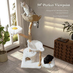 59" Modern Cat Tree Tower for Large Cats w/2 Flower Perches-Natural Solid Wood Scratching Post with Real Branch-Luxury Boho Cat Furniture w/Condo & Wicker Basket Bed, Cloud White