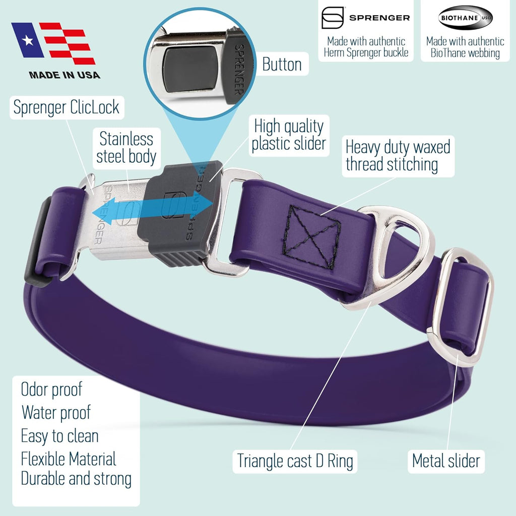 Dogline Biothane Waterproof Dog Collar with Herm Sprenger Black Stainless Steel Quick Release Buckle – Heavy Duty Tactical Durable Collar for Dogs – Comfortable and Safe Pet Collar W1 L 15-25" Purple