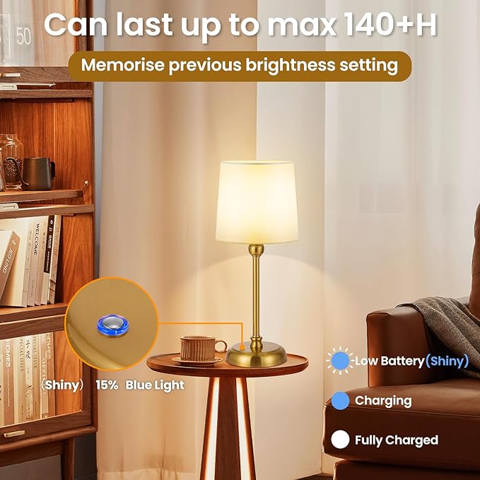 Cordless Small Table Lamp,6000mAh Rechargeable Battery Powered,LED Touch Control Dimmable Bedside Operated Night Table Top,Light for Bedroom/Home/Restaurant/Entryway/Dining/Living Room/Cafe(Gold-High)