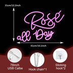 Rose All Day Neon Sign LED Pink Rose Neon Light For Wall Decor Dimmable USB Words Light Up Sign for Bedroom Wedding Party Atmosphere Decor Lovers Gift(12.2 * 16.1 In)