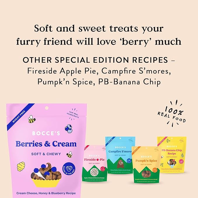 Bocce's Bakery 'Berries & Cream Treats for Dogs, Wheat-Free Everyday Dog Treats, Made with Real Ingredients, Baked in The USA, All-Natural Soft & Chewy Cookies, Cream Cheese & Blueberry, 6 oz